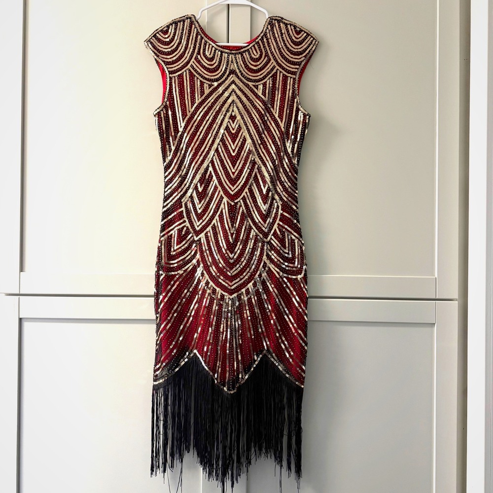 Fundaisy Red Gold Sequin Flapper Dress Art‎ Deco Fringe Great Gatsby Costume M
